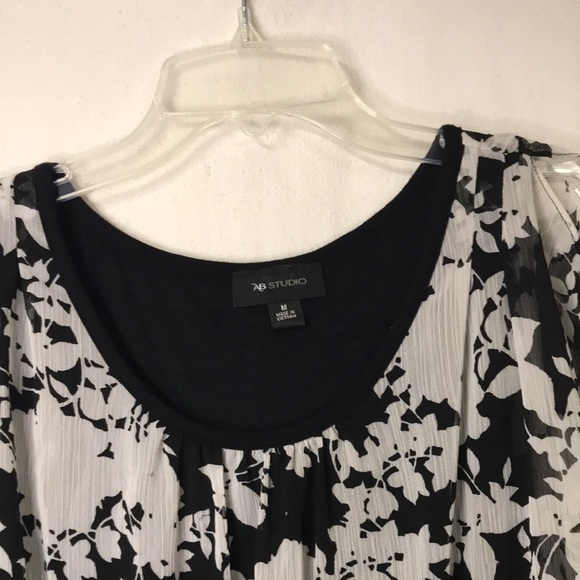 Ab Studio Women’s Layered Tunic Top Size M Black White Sheer Asymmetric Overlay - Picture 2 of 11